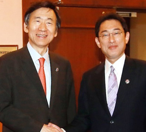 日本外相岸田文雄（右）和韩外长尹炳世。
