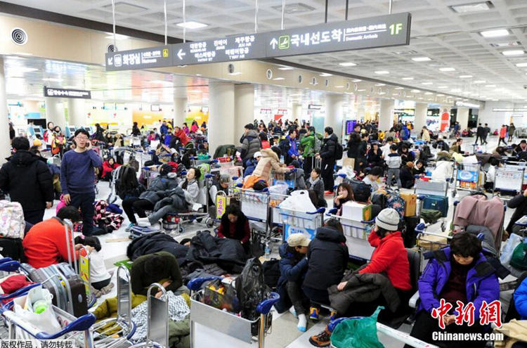 韩国济州机场因强降雪暂停航班 大量旅客滞留【组图】