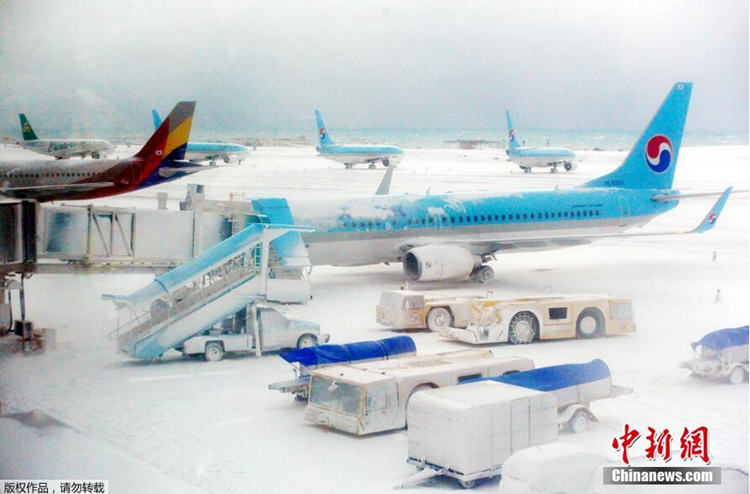 韩国济州机场因强降雪暂停航班 大量旅客滞留【组图】